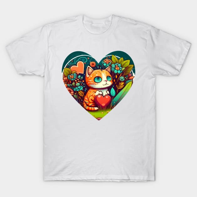 Bright Eyed Orange Cat With Big Heart In The Garden - Funny Cats T-Shirt by Felix Rivera